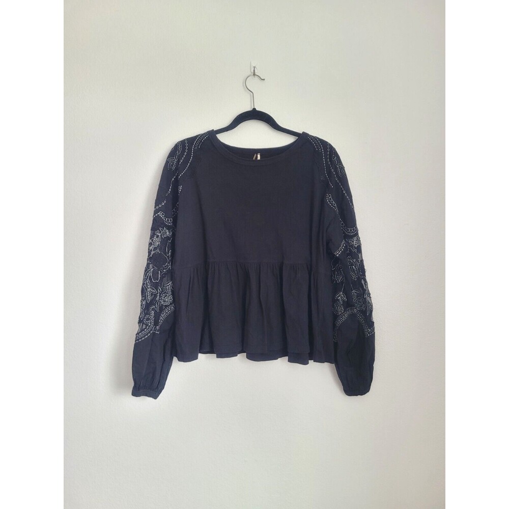 Free People Penny Peplum Embroidered Long Sleeve Top Size S Balloon Sleeve Boho - Picture 2 of 9